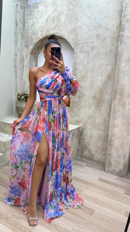 Femme Robe Longue Asymétrique à une Épaule avec Imprimé Floral et Fente