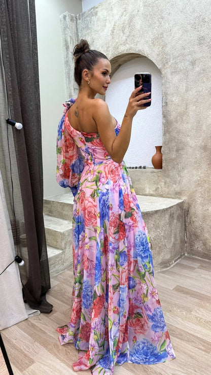 Femme Robe Longue Asymétrique à une Épaule avec Imprimé Floral et Fente
