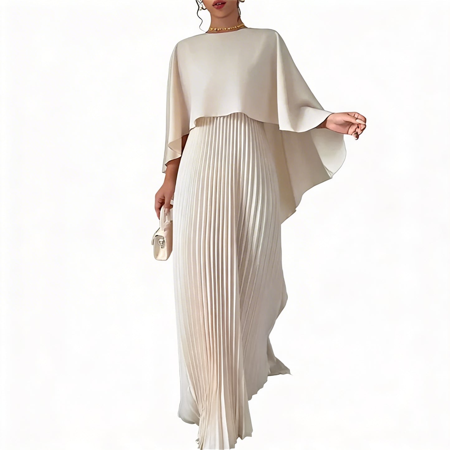 Femme Robe Longue avec Cape Plissée et Encolure Ronde