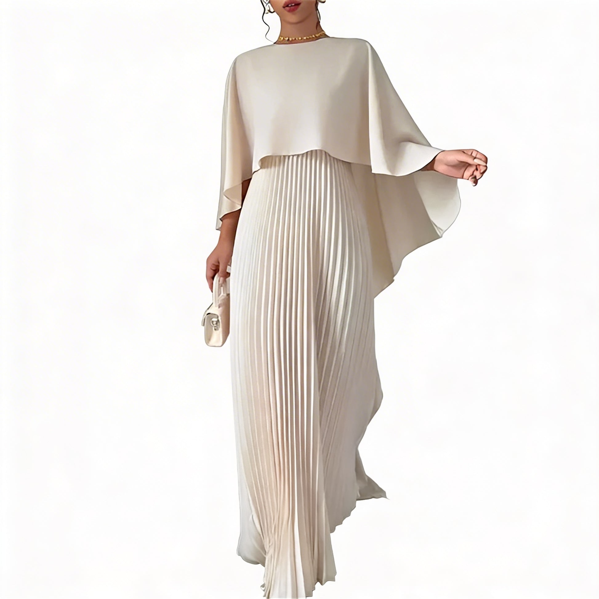 Femme Robe Longue avec Cape Plissée et Encolure Ronde