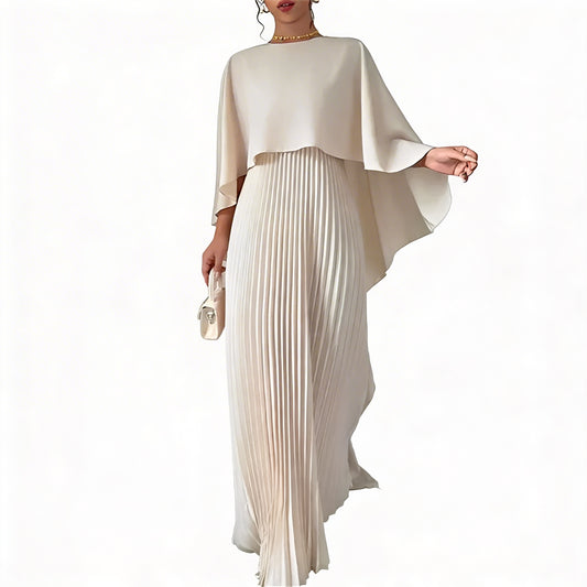 Femme Robe Longue avec Cape Plissée et Encolure Ronde