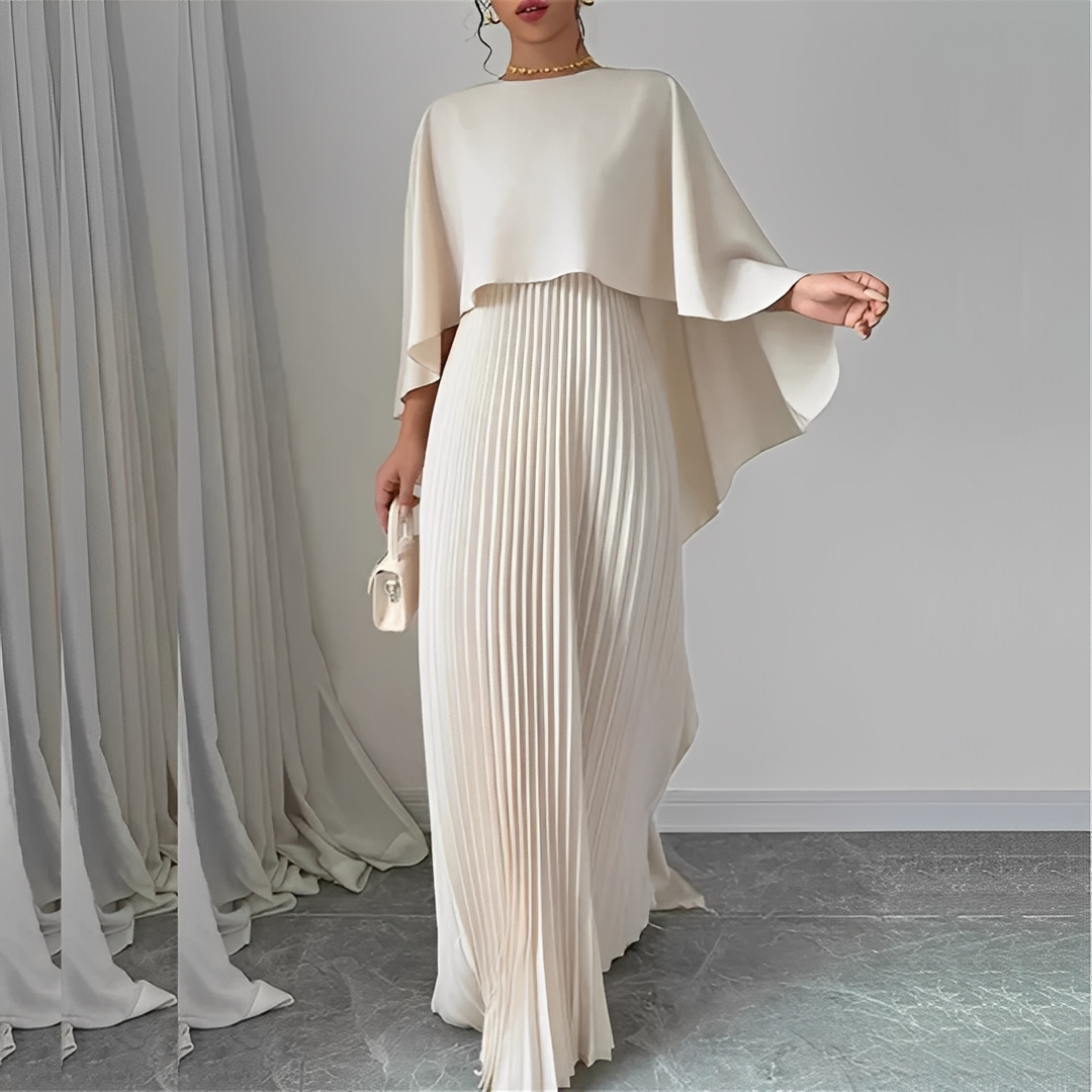 Femme Robe Longue avec Cape Plissée et Encolure Ronde