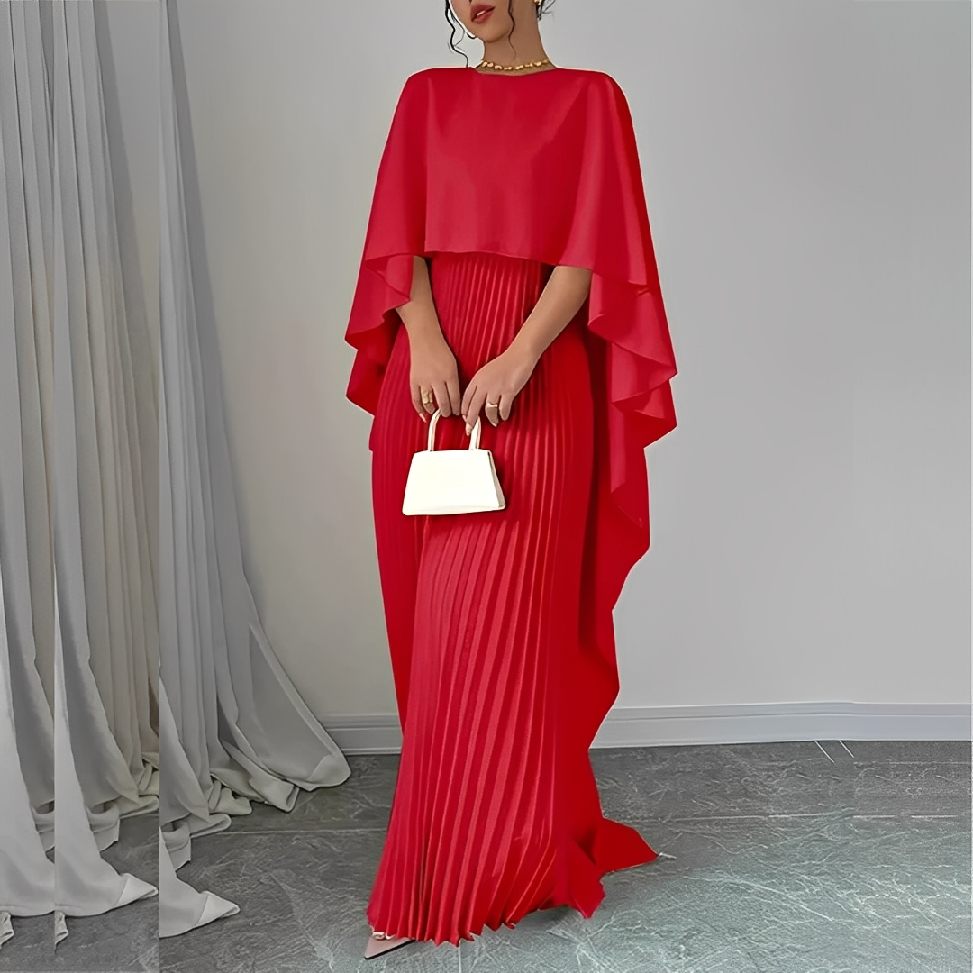Femme Robe Longue avec Cape Plissée et Encolure Ronde