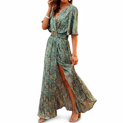 Femme Robe Longue Bohème à Imprimé Floral avec Col en V et Fente Latérale