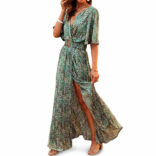 Femme Robe Longue Bohème à Imprimé Floral avec Col en V et Fente Latérale