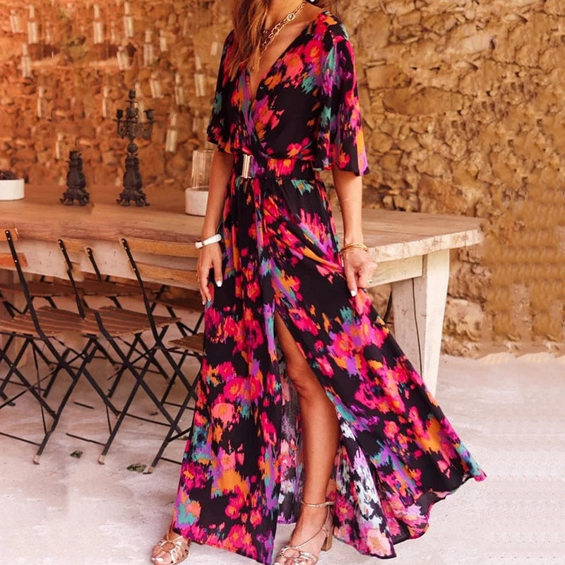 Femme Robe Longue Bohème à Imprimé Floral avec Col en V et Fente Latérale