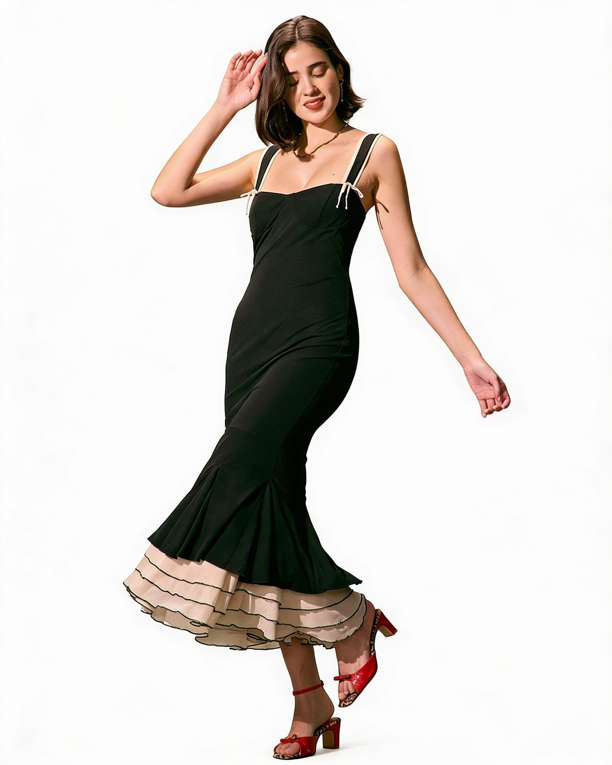 Femme Robe Longue Bustier à Bretelles avec Ourlet Trompette et Volants Bicolores