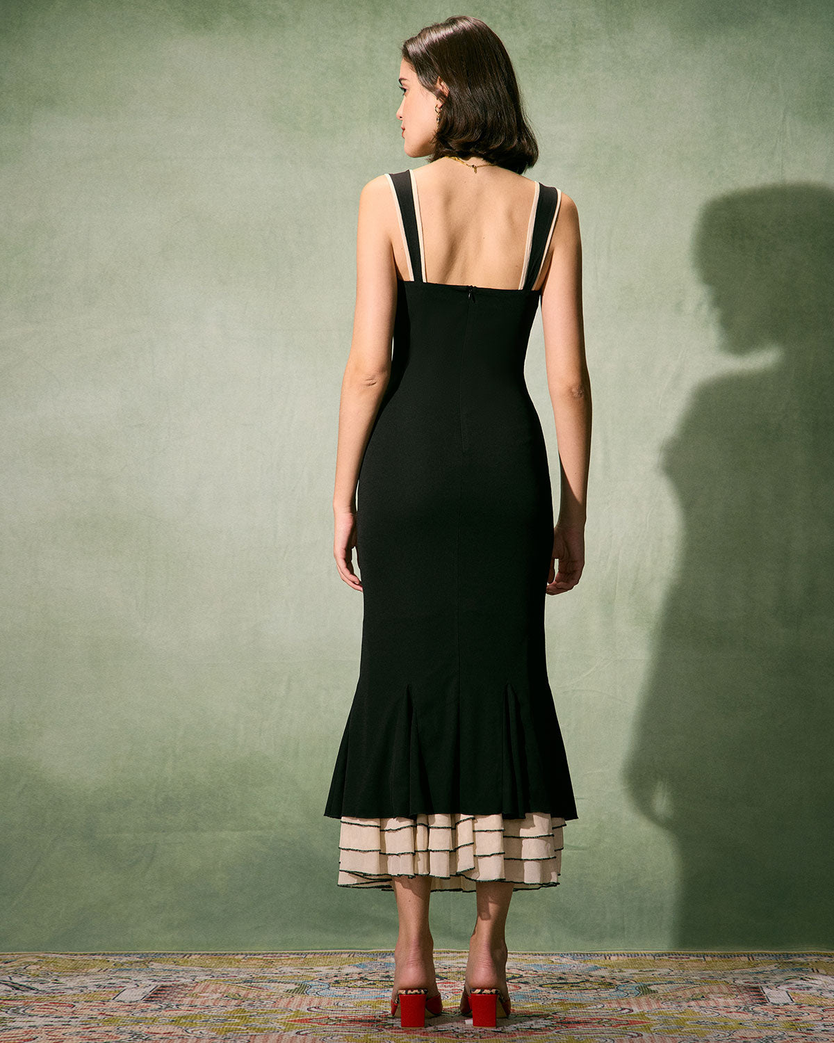 Femme Robe Longue Bustier à Bretelles avec Ourlet Trompette et Volants Bicolores