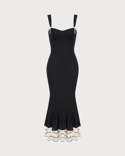 Femme Robe Longue Bustier à Bretelles avec Ourlet Trompette et Volants Bicolores