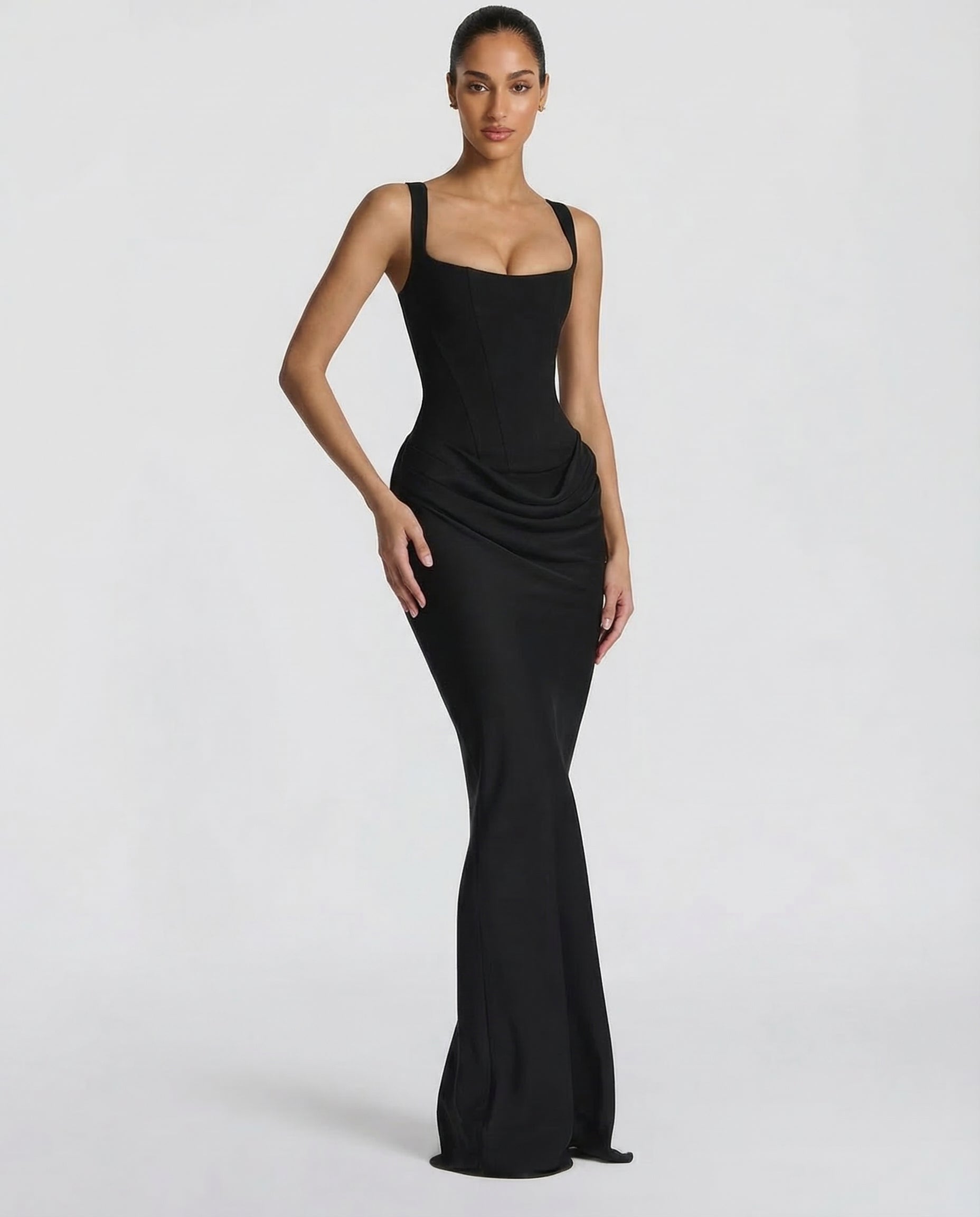 Femme Robe Longue Corset Moulante avec Col Carré et Drapé sur les Hanches