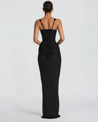 Femme Robe Longue Corset Moulante avec Col Carré et Drapé sur les Hanches