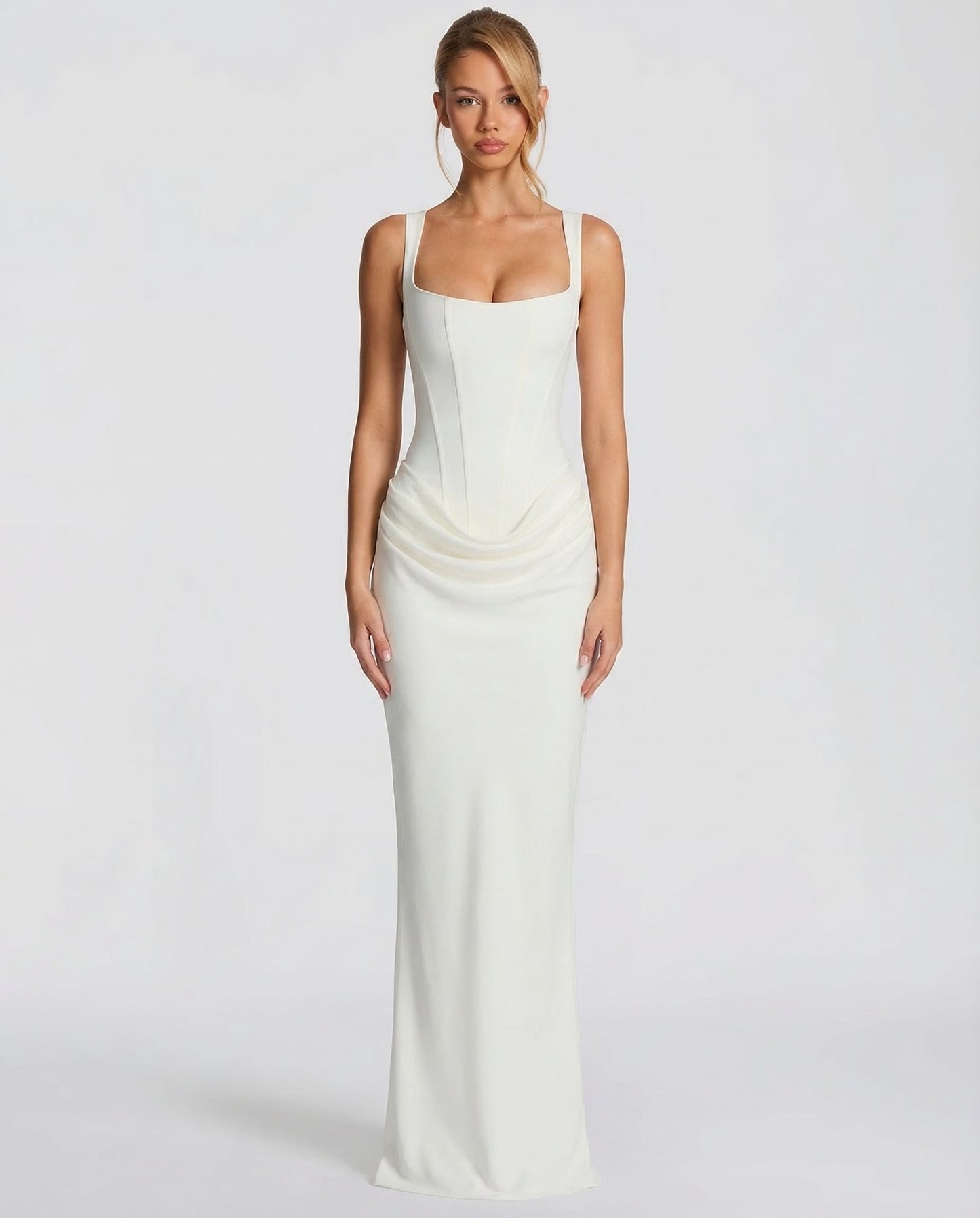 Femme Robe Longue Corset Moulante avec Col Carré et Drapé sur les Hanches