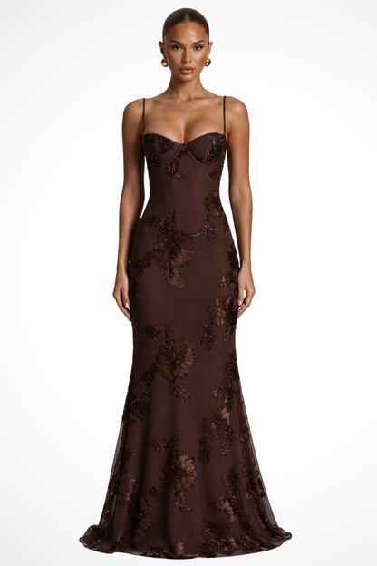 Femme Robe Longue de Soirée à Bretelles Fines avec Bustier Corset et Broderies Florales