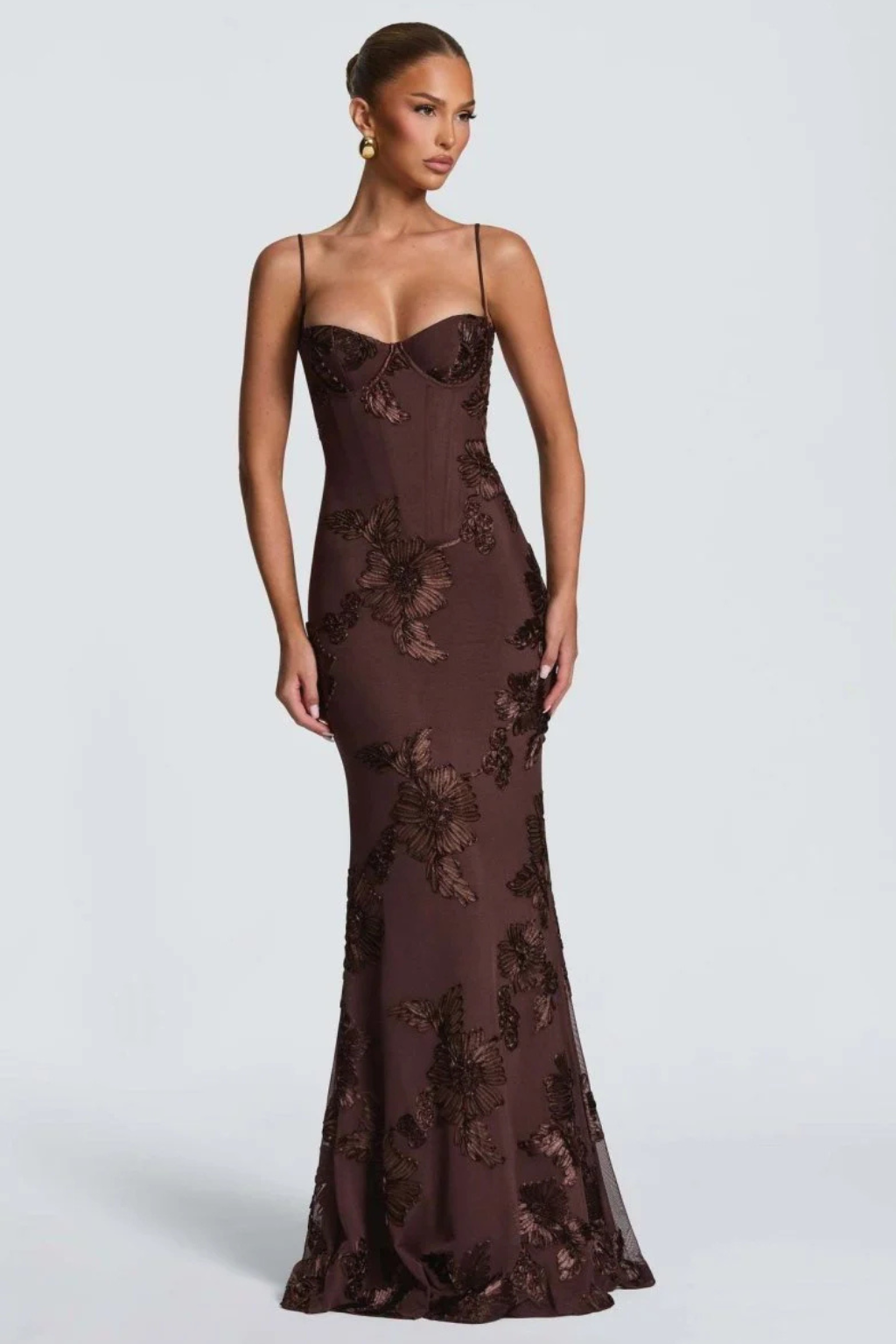 Femme Robe Longue de Soirée à Bretelles Fines avec Bustier Corset et Broderies Florales