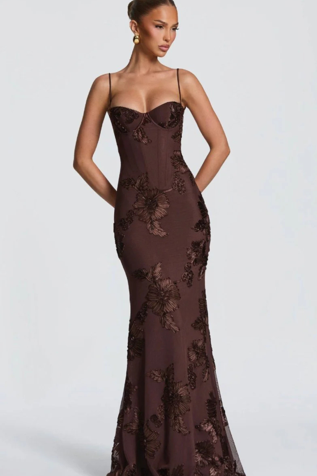 Femme Robe Longue de Soirée à Bretelles Fines avec Bustier Corset et Broderies Florales