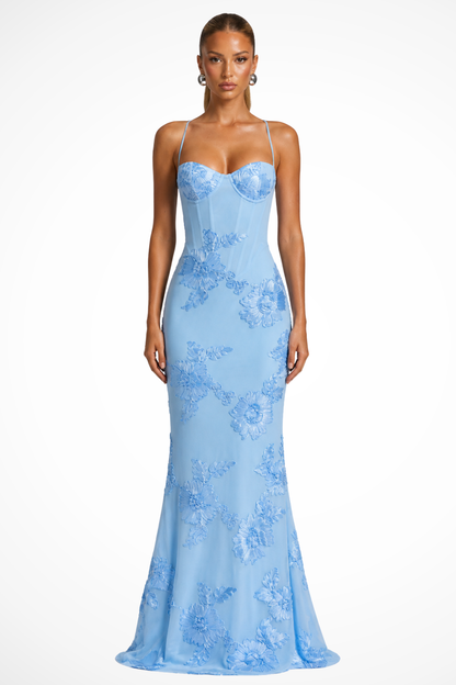 Femme Robe Longue de Soirée à Bretelles Fines avec Bustier Corset et Broderies Florales