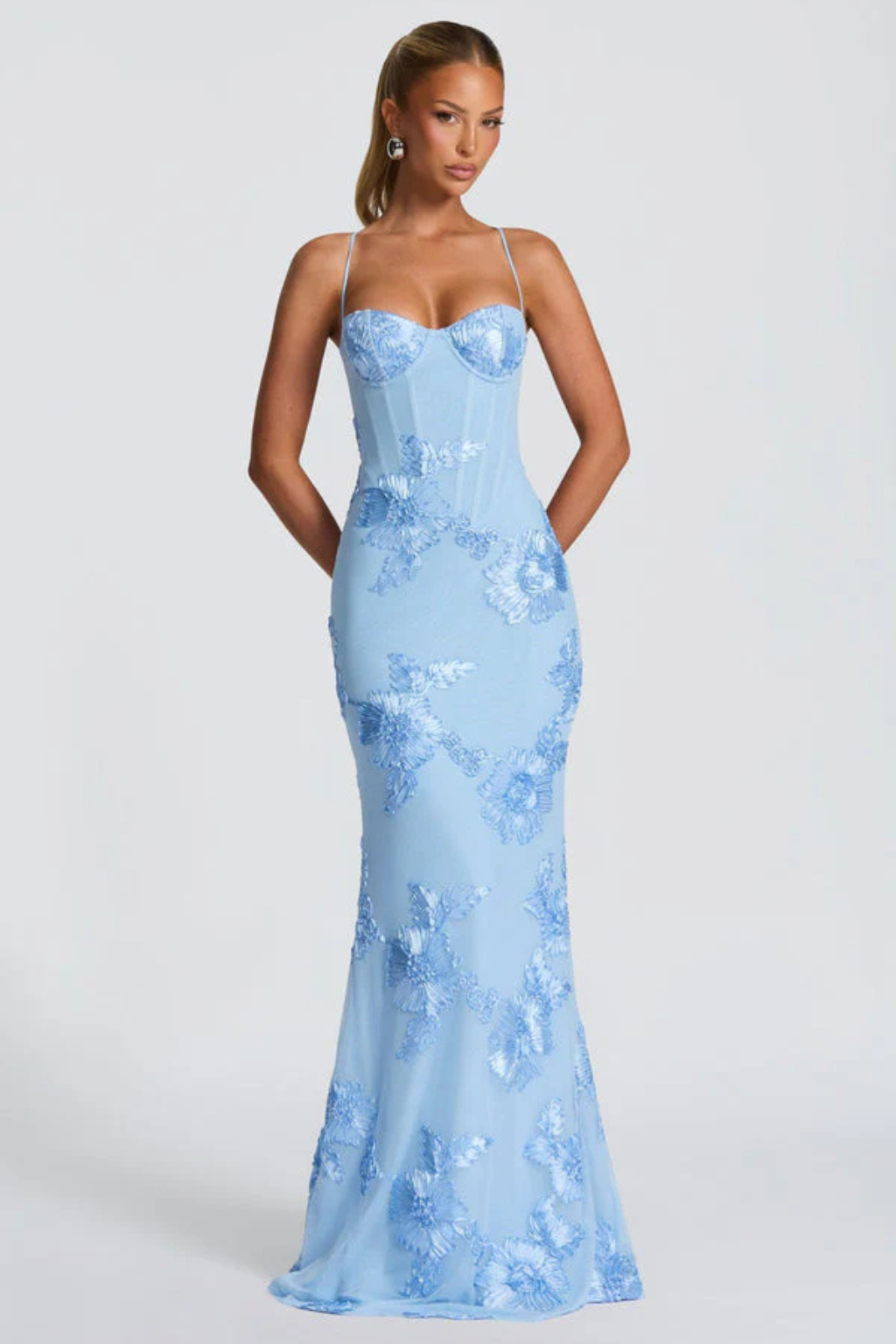 Femme Robe Longue de Soirée à Bretelles Fines avec Bustier Corset et Broderies Florales
