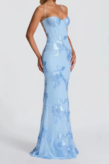 Femme Robe Longue de Soirée à Bretelles Fines avec Bustier Corset et Broderies Florales