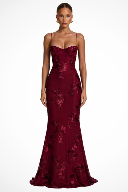 Femme Robe Longue de Soirée à Bretelles Fines avec Bustier Corset et Broderies Florales