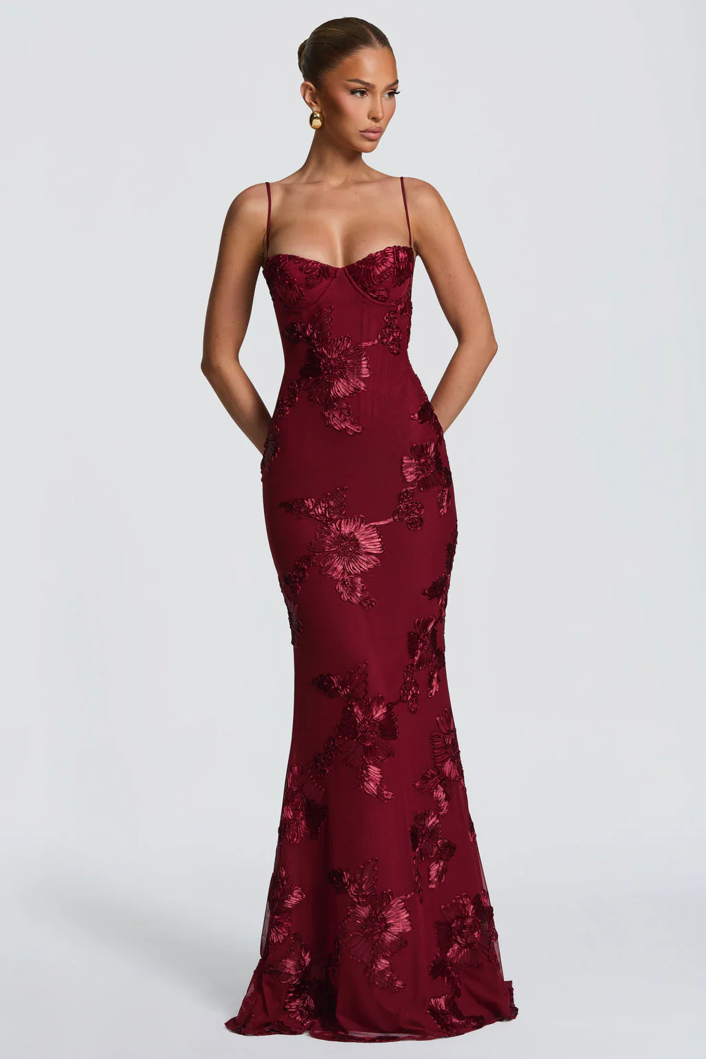 Femme Robe Longue de Soirée à Bretelles Fines avec Bustier Corset et Broderies Florales