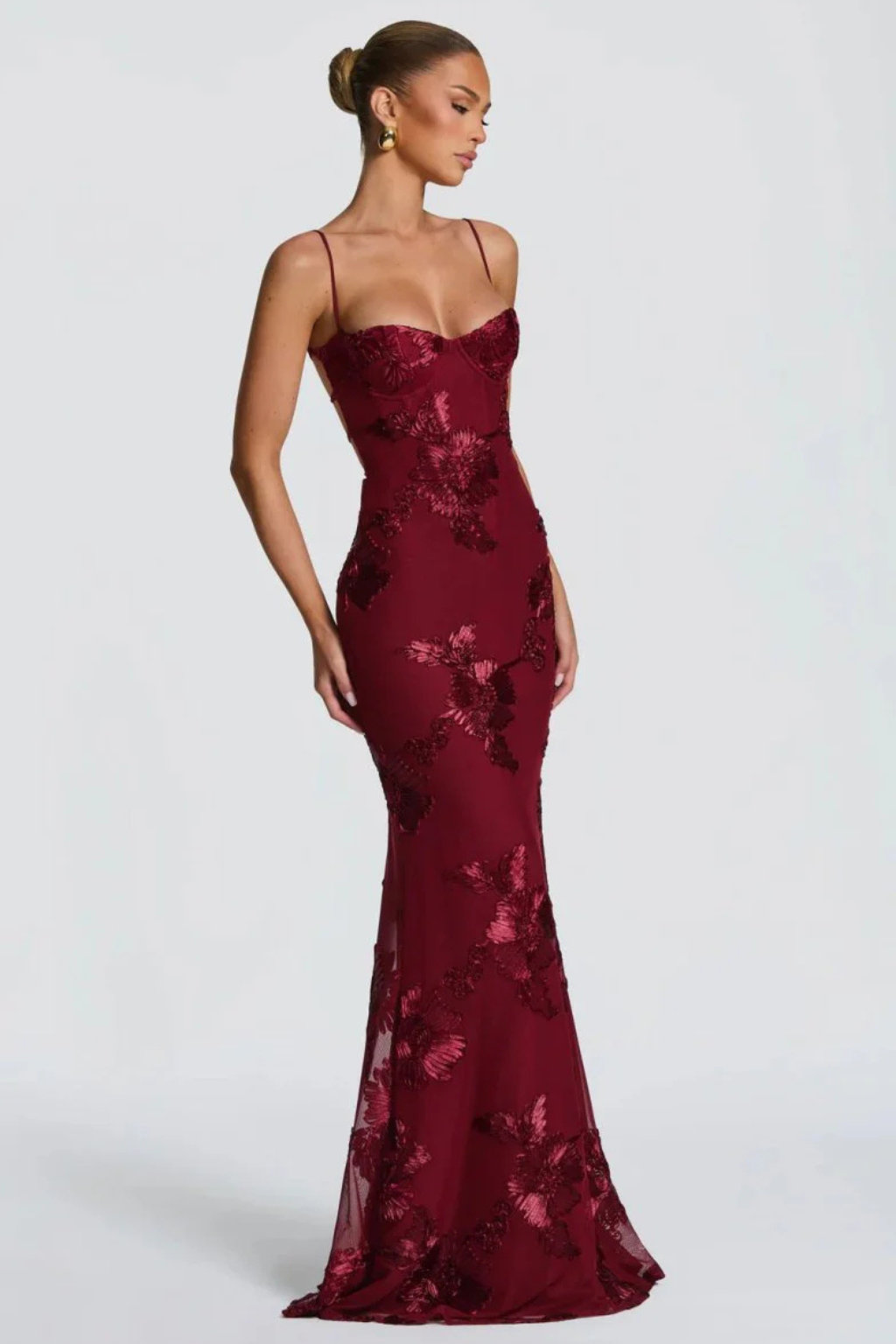 Femme Robe Longue de Soirée à Bretelles Fines avec Bustier Corset et Broderies Florales