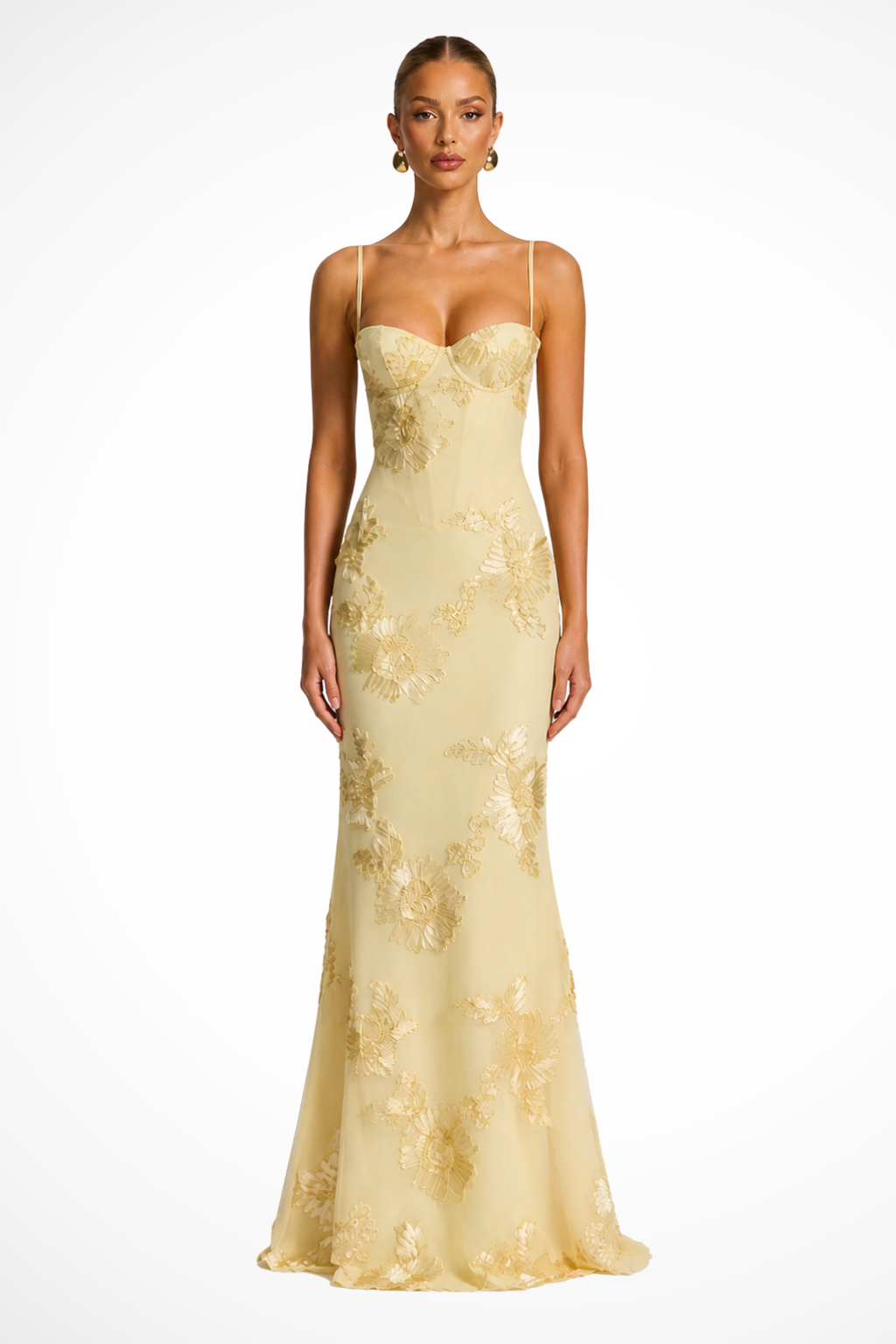 Femme Robe Longue de Soirée à Bretelles Fines avec Bustier Corset et Broderies Florales