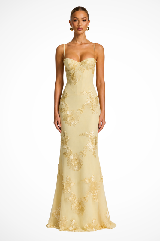 Femme Robe Longue de Soirée à Bretelles Fines avec Bustier Corset et Broderies Florales