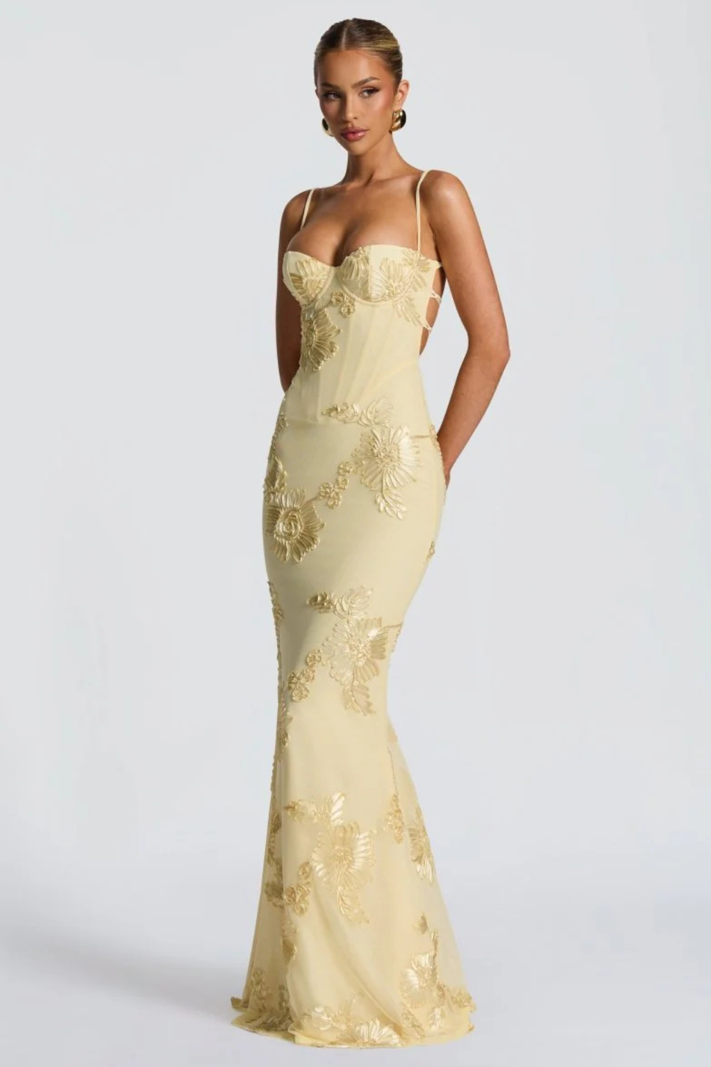 Femme Robe Longue de Soirée à Bretelles Fines avec Bustier Corset et Broderies Florales