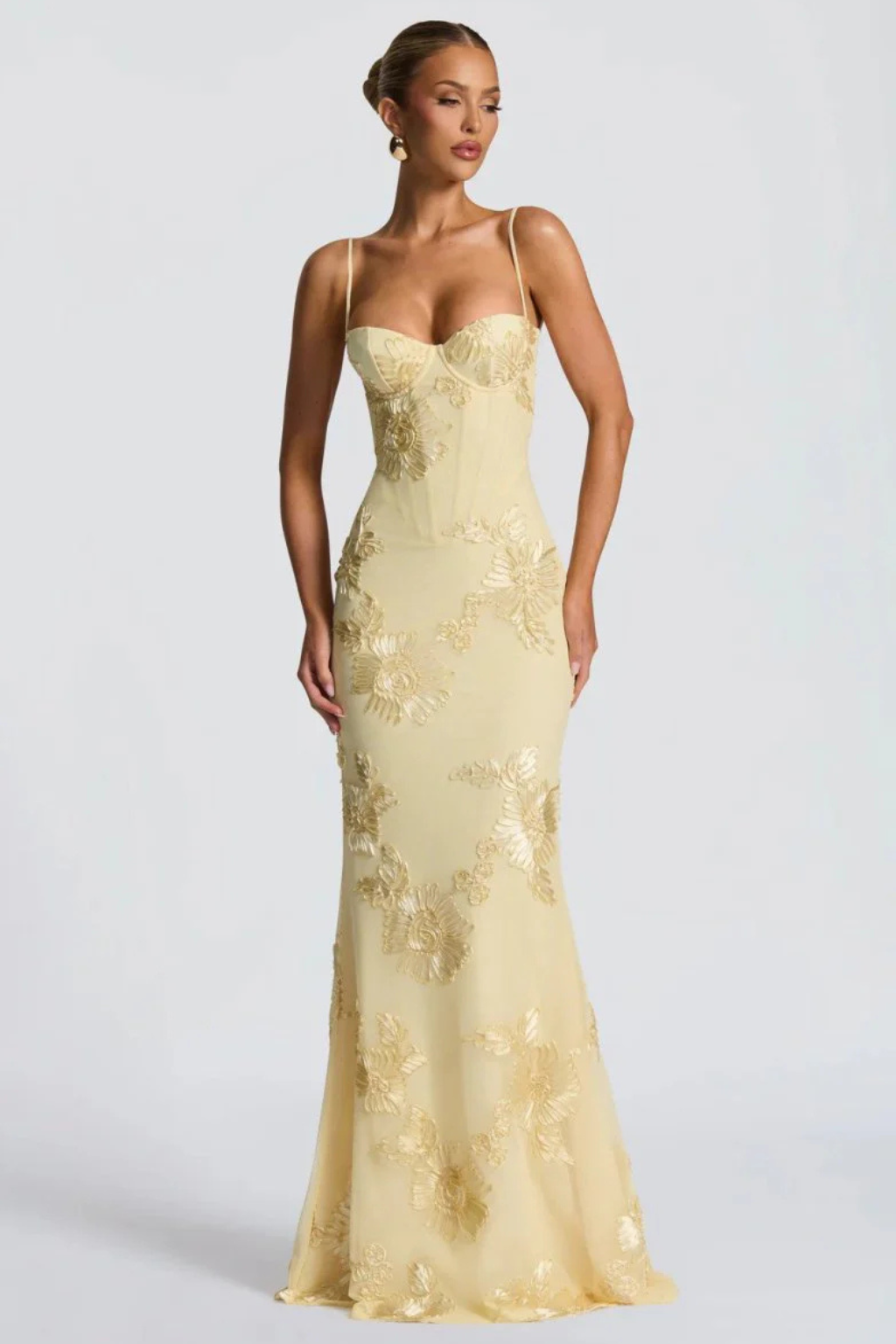 Femme Robe Longue de Soirée à Bretelles Fines avec Bustier Corset et Broderies Florales