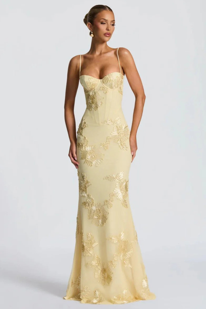 Femme Robe Longue de Soirée à Bretelles Fines avec Bustier Corset et Broderies Florales