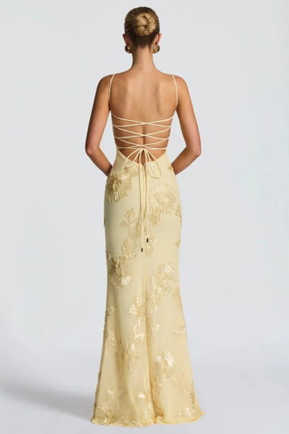 Femme Robe Longue de Soirée à Bretelles Fines avec Bustier Corset et Broderies Florales
