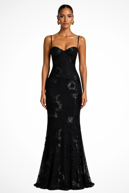 Femme Robe Longue de Soirée à Bretelles Fines avec Bustier Corset et Broderies Florales