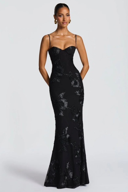 Femme Robe Longue de Soirée à Bretelles Fines avec Bustier Corset et Broderies Florales