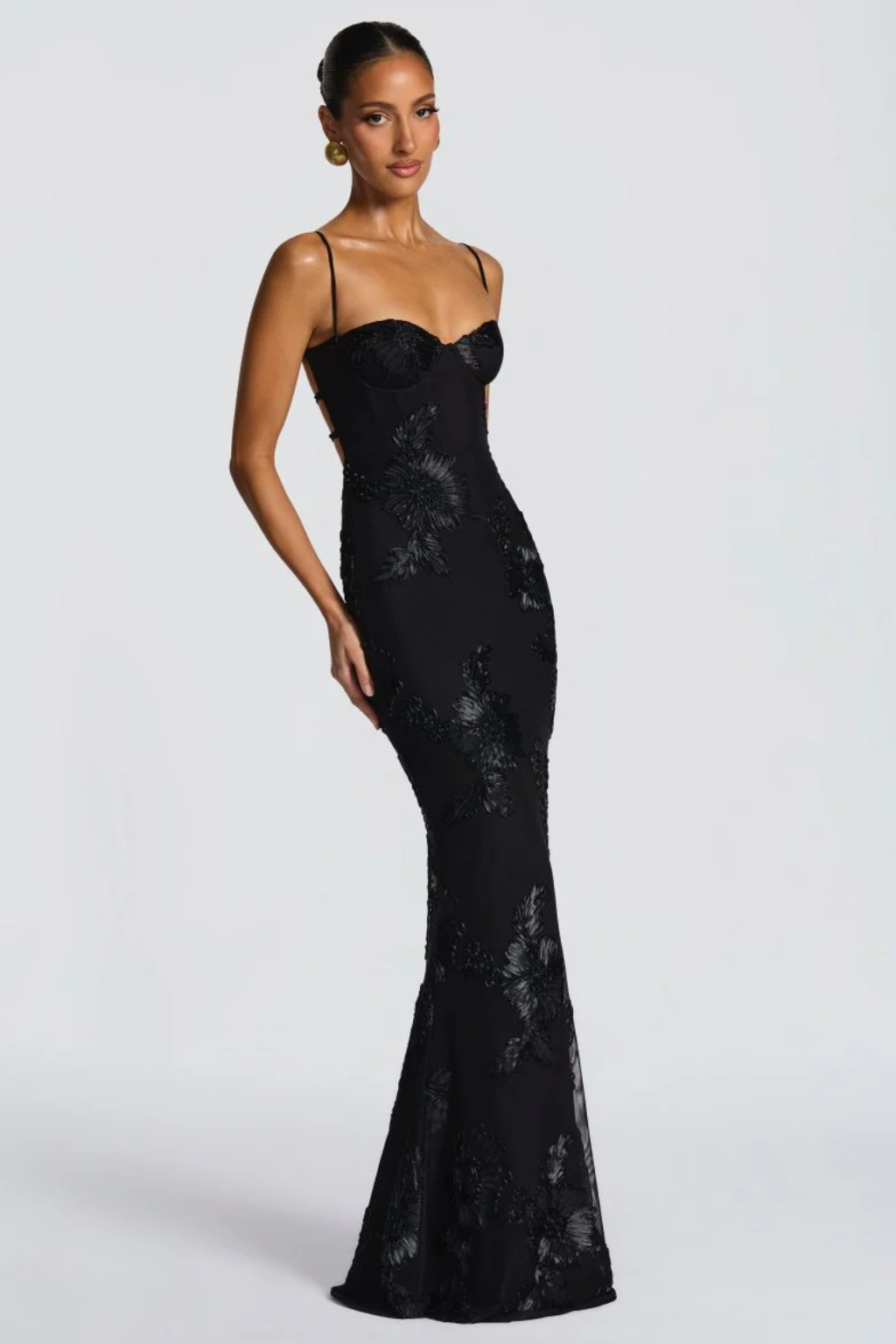 Femme Robe Longue de Soirée à Bretelles Fines avec Bustier Corset et Broderies Florales