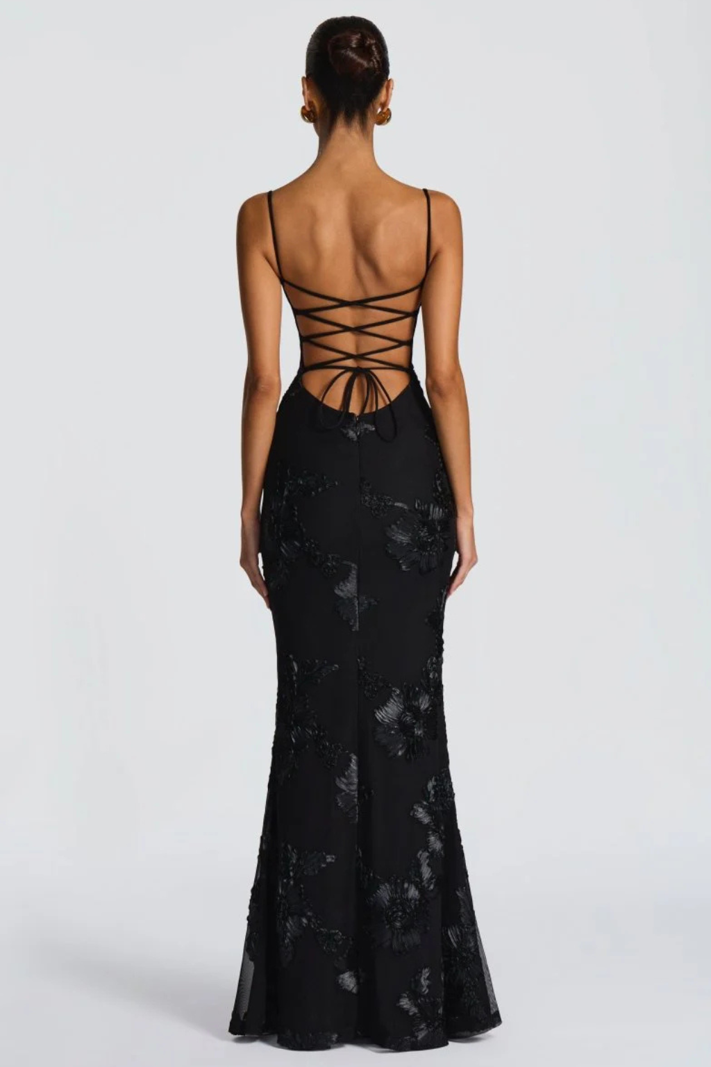 Femme Robe Longue de Soirée à Bretelles Fines avec Bustier Corset et Broderies Florales