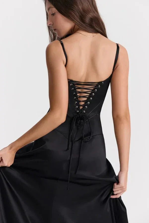 Femme Robe Longue de Soirée à Bretelles Fines avec Col Carré et Laçage Dos