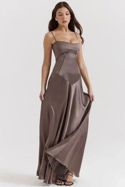Femme Robe Longue de Soirée à Bretelles Fines avec Col Carré et Laçage Dos