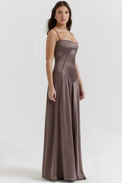 Femme Robe Longue de Soirée à Bretelles Fines avec Col Carré et Laçage Dos