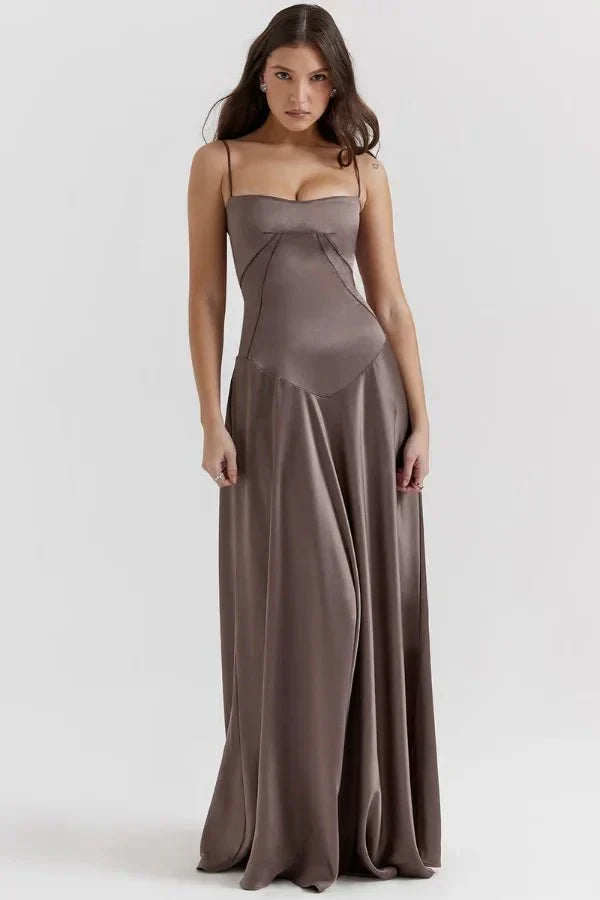 Femme Robe Longue de Soirée à Bretelles Fines avec Col Carré et Laçage Dos