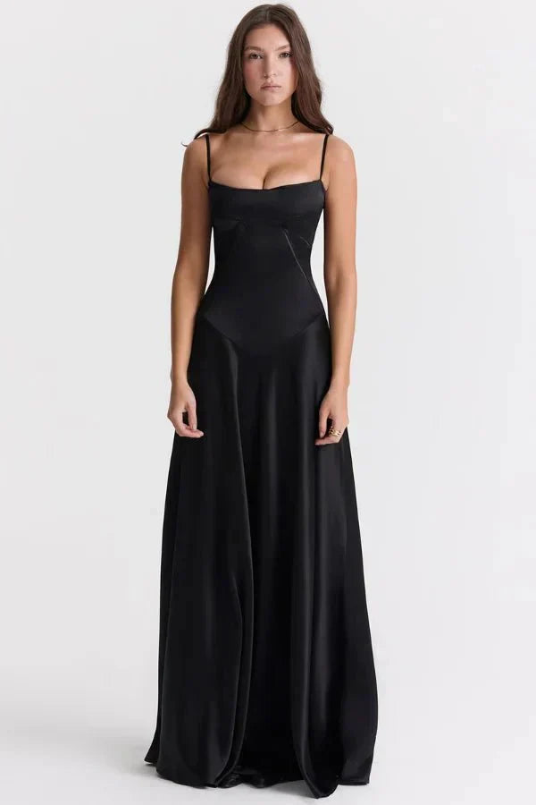 Femme Robe Longue de Soirée à Bretelles Fines avec Col Carré et Laçage Dos