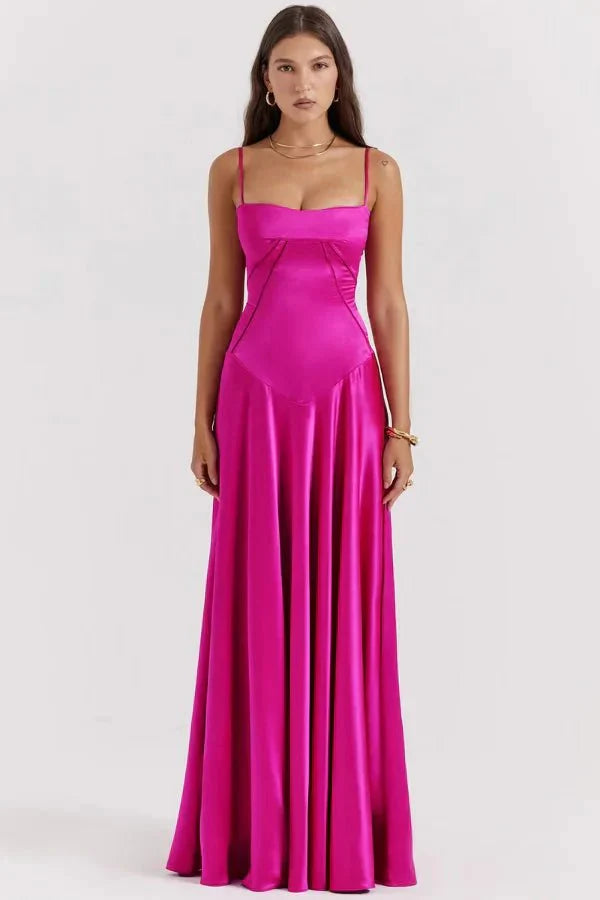 Femme Robe Longue de Soirée à Bretelles Fines avec Col Carré et Laçage Dos