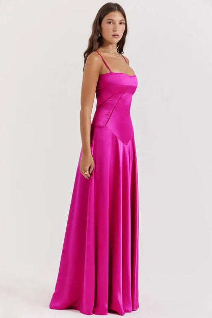 Femme Robe Longue de Soirée à Bretelles Fines avec Col Carré et Laçage Dos