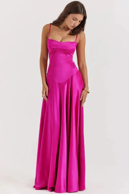 Femme Robe Longue de Soirée à Bretelles Fines avec Col Carré et Laçage Dos
