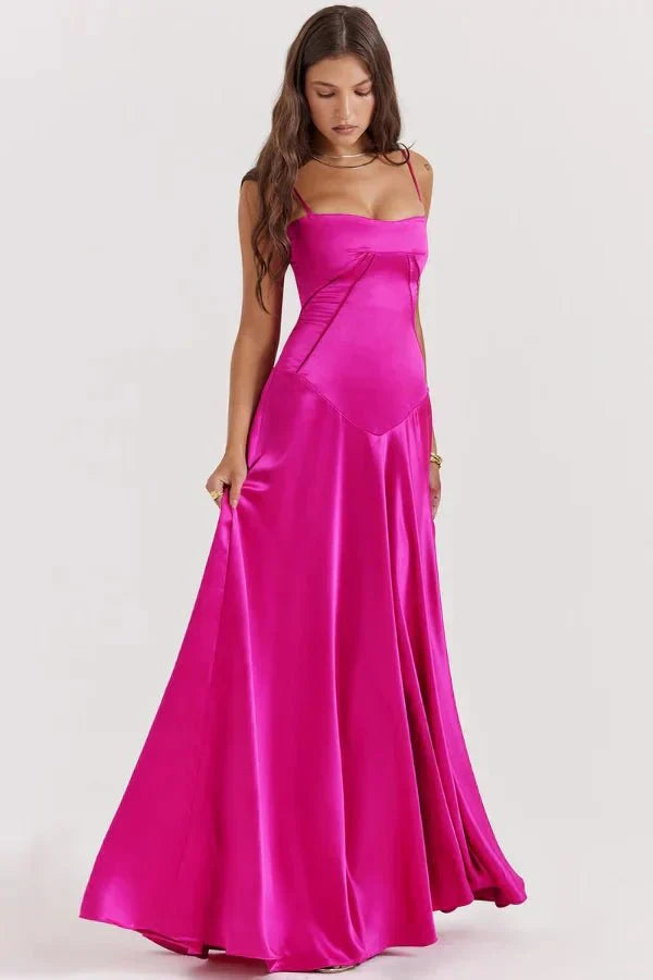 Femme Robe Longue de Soirée à Bretelles Fines avec Col Carré et Laçage Dos