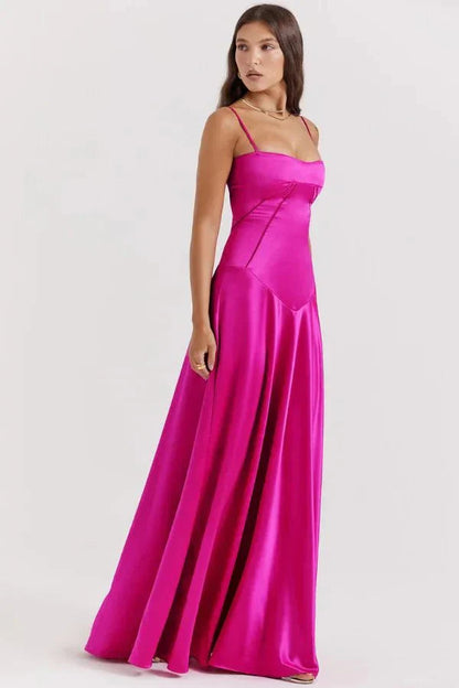 Femme Robe Longue de Soirée à Bretelles Fines avec Col Carré et Laçage Dos