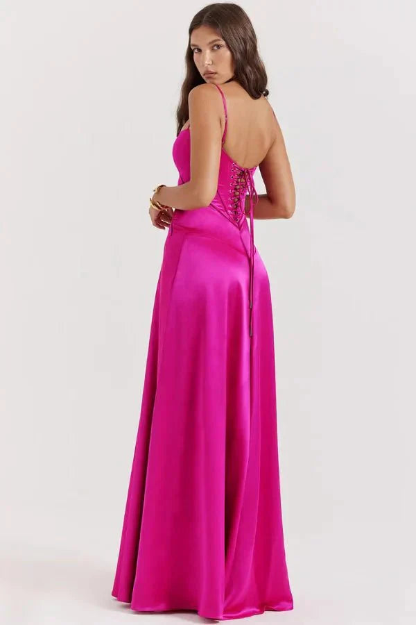 Femme Robe Longue de Soirée à Bretelles Fines avec Col Carré et Laçage Dos