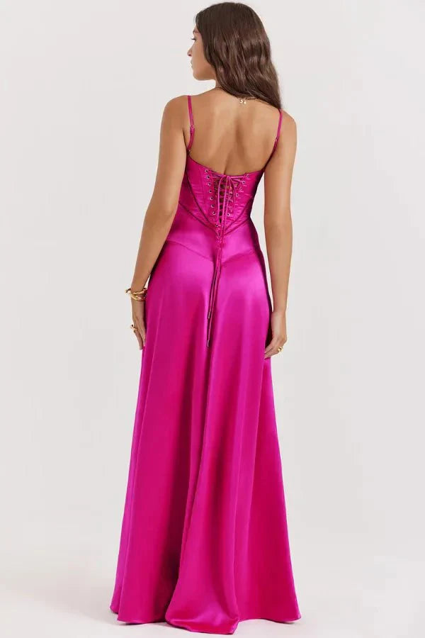 Femme Robe Longue de Soirée à Bretelles Fines avec Col Carré et Laçage Dos