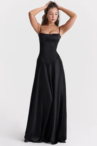 Femme Robe Longue de Soirée à Bretelles Fines avec Col Carré et Laçage Dos