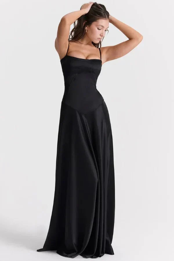 Femme Robe Longue de Soirée à Bretelles Fines avec Col Carré et Laçage Dos