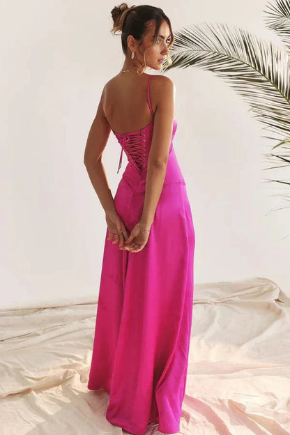 Femme Robe Longue de Soirée à Bretelles Fines avec Col Carré et Laçage Dos